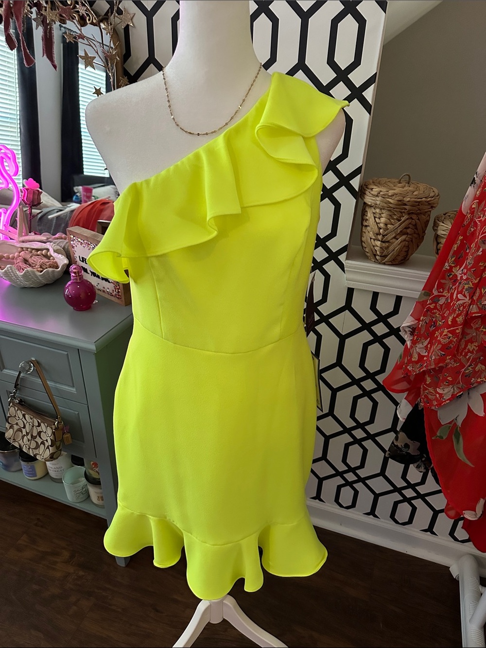 Aidan Mattox Neon Yellow One-Shoulder Ruffle Dress